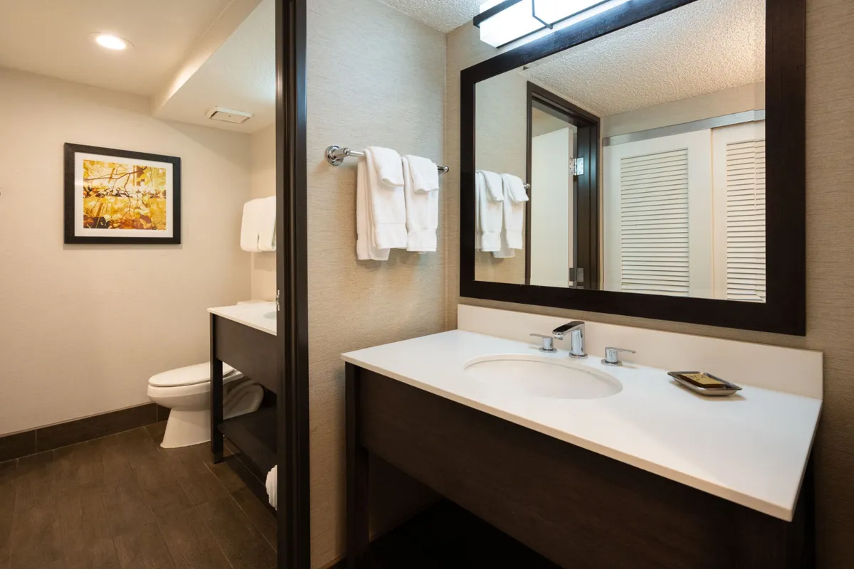 A serene bathroom vanity area with a well-lit sink, fresh towels, a large mirror, and framed artwork. The setting feels restful and well-maintained, inviting moments of relaxation and self-care after enjoying the lodge's other amenities.